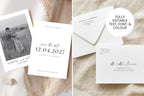 Modern minimalist wedding invitation suite with save the date, RSVP, and envelope template shown on neutral background