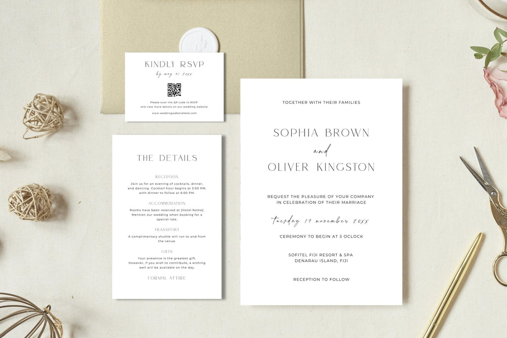 Wedding invitation suite template, editable wedding invitation Canva template, RSVP card template, details card template, printable wedding stationery set