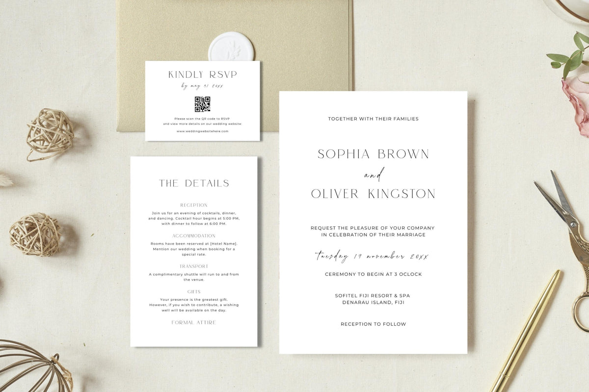 Wedding invitation suite template, editable wedding invitation Canva template, RSVP card template, details card template, printable wedding stationery set