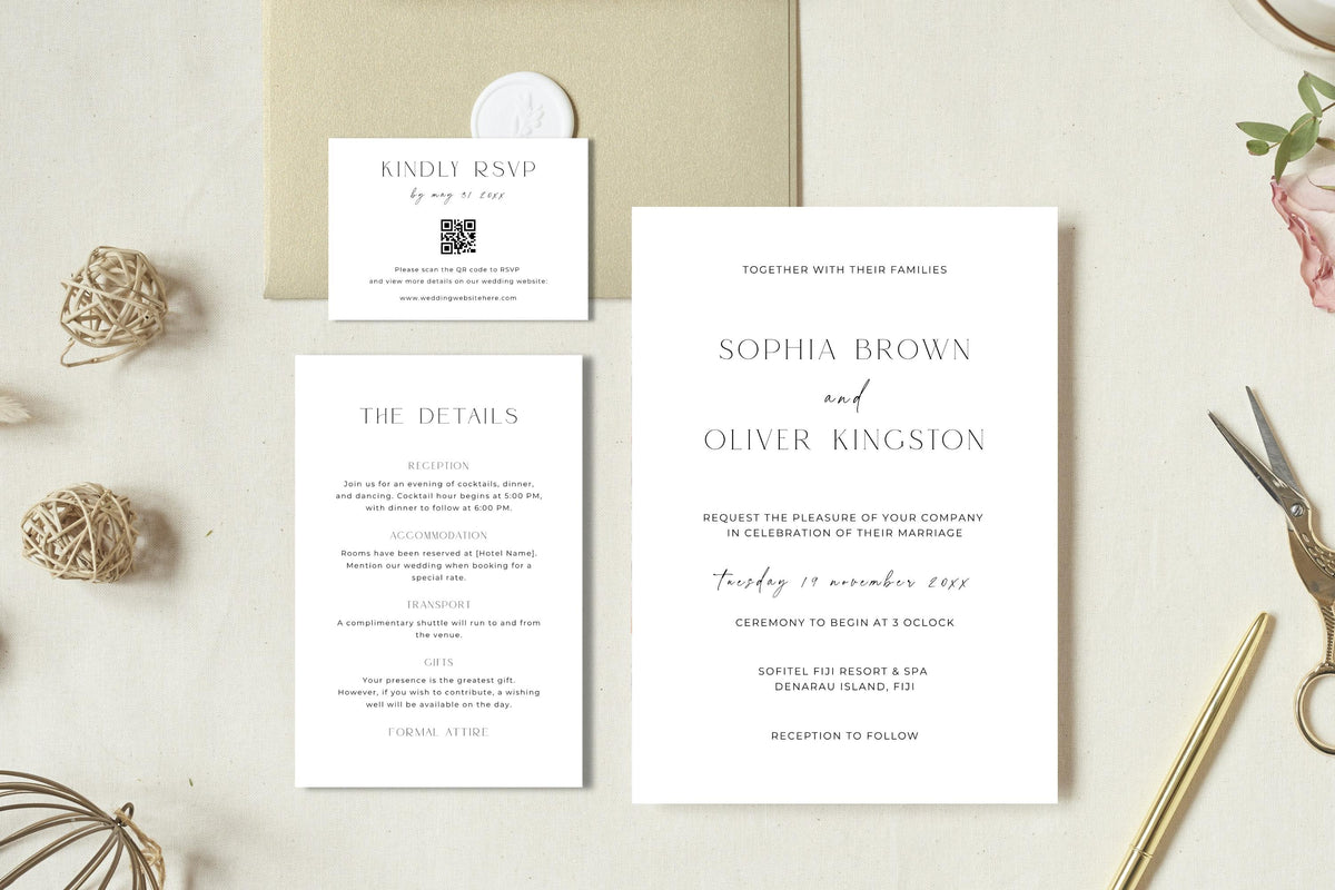 Modern wedding invitation suite template with RSVP and details cards, minimalist editable wedding stationery set, neutral beige Canva wedding invite bundle, printable wedding invitation collection