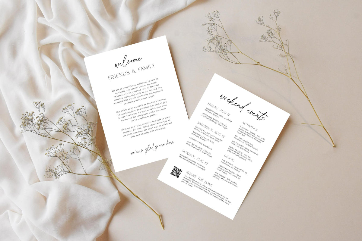 Minimalist wedding itinerary and welcome cards with dried florals, editable wedding weekend schedule template, modern black and white wedding stationery Canva download