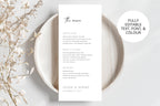 neutral beige wedding menu template with dried florals, minimalist elegant canva menu card design, clean serif typography wedding stationery flat lay, 4x9 wedding menu printable