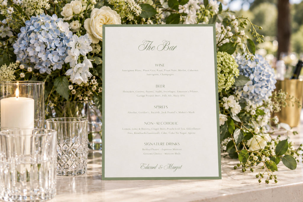 Wedding bar menu sign with sage green typography on a white background, styled with blue and white hydrangeas, glassware and candles for a classic wedding reception drinks table.