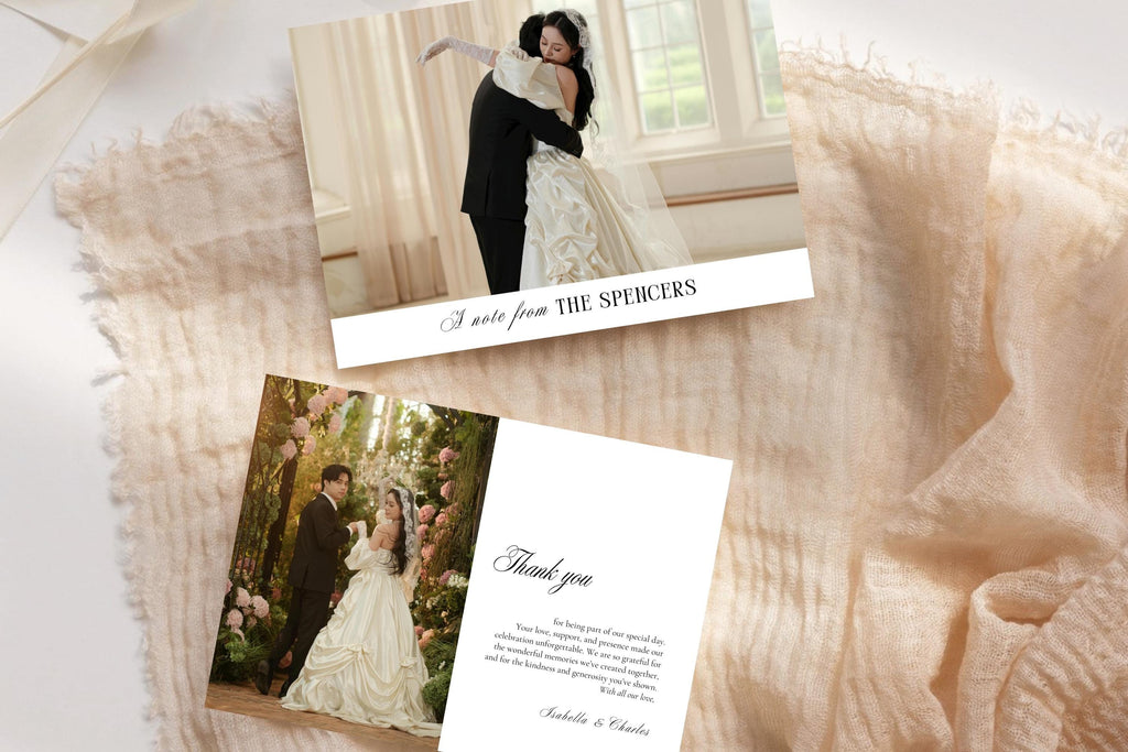 Front and back editable wedding thank you card template, luxury editorial wedding photo thank you card, Canva printable wedding stationery, modern minimalist thank you card design