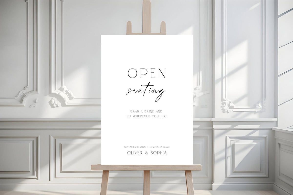 Minimalist open seating wedding sign mockup in luxury white interior, editable wedding reception seating sign template, modern black and white wedding decor, printable A1 wedding sign, elegant open seating reception signage, instant download Canva wedding template.