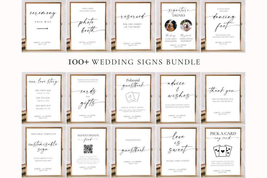 editable minimalist wedding sign bundle canva template set – 100+ modern wedding signage collection for ceremony and reception, printable templates for bar, welcome and table signs