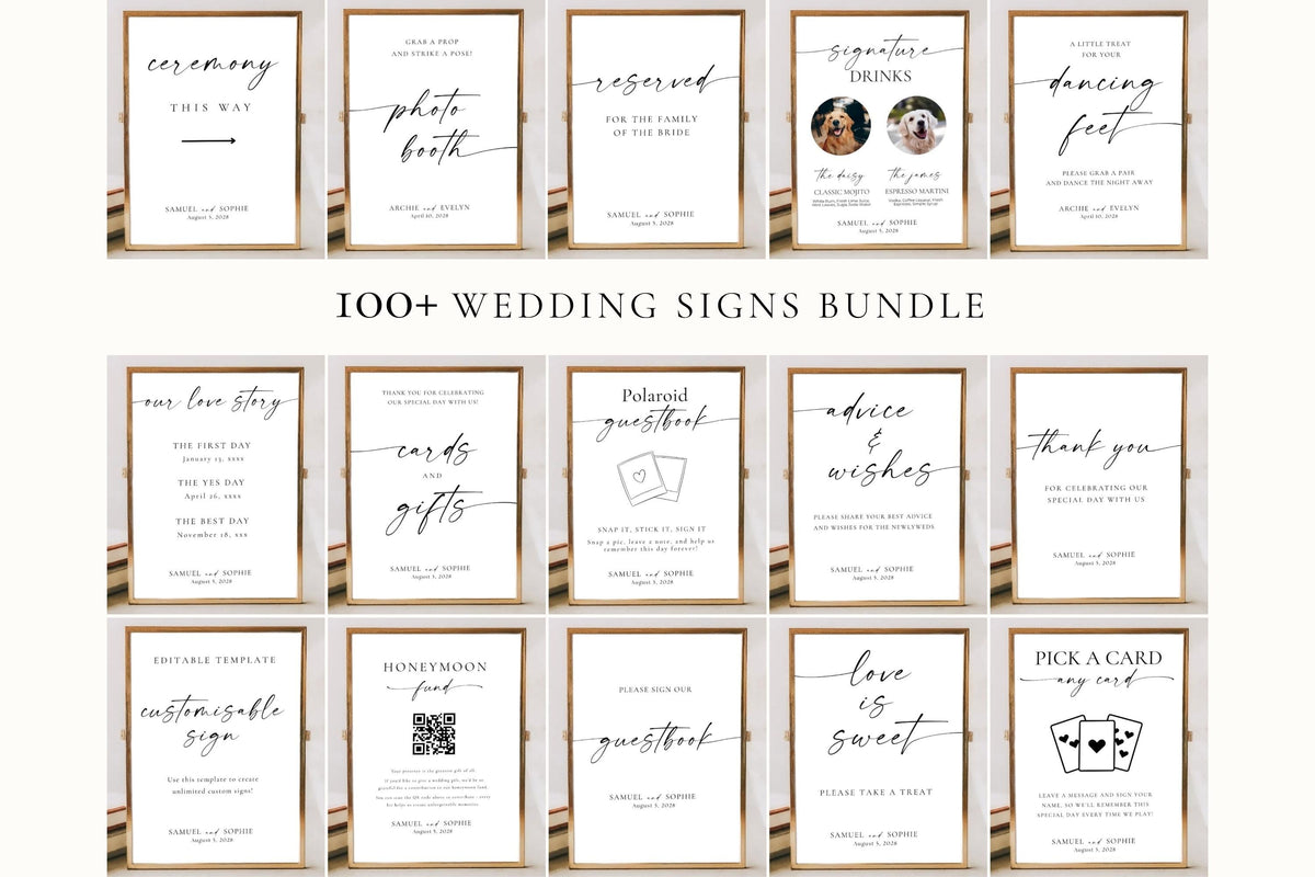 editable minimalist wedding sign bundle canva template set – 100+ modern wedding signage collection for ceremony and reception, printable templates for bar, welcome and table signs