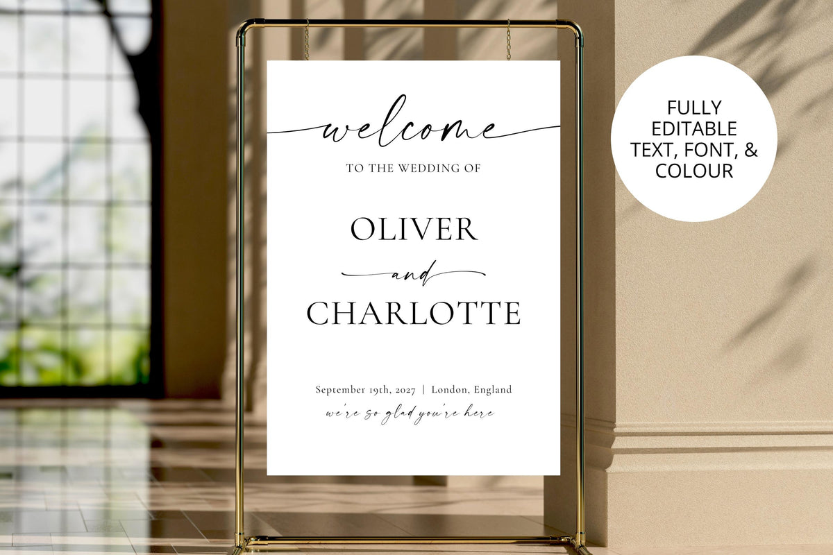 Framed wedding welcome sign with modern font editable Canva template large printable sign perfect for wedding reception decor