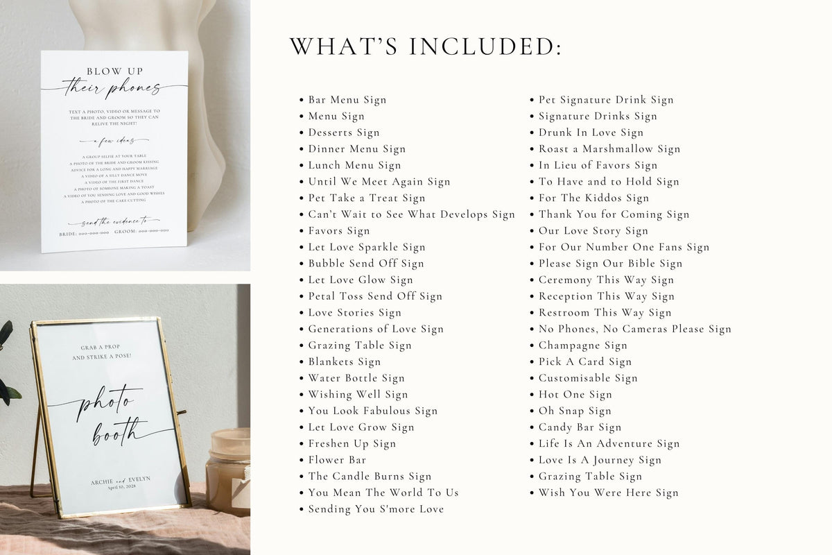 modern wedding sign bundle what’s included list – editable canva template set with printable minimalist signs for wedding ceremony, reception, bar and welcome areas