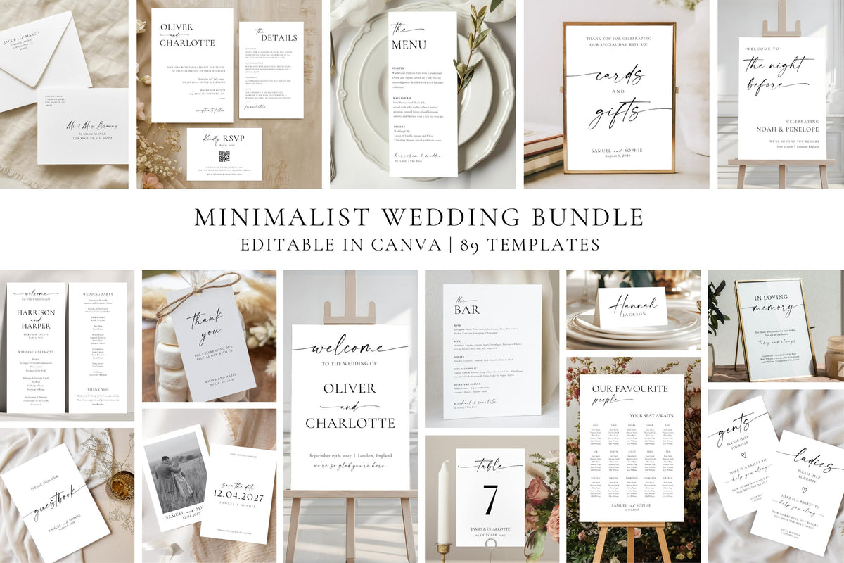 Minimalist wedding bundle template collage showcasing over 89 editable Canva wedding signs and stationery for modern weddings