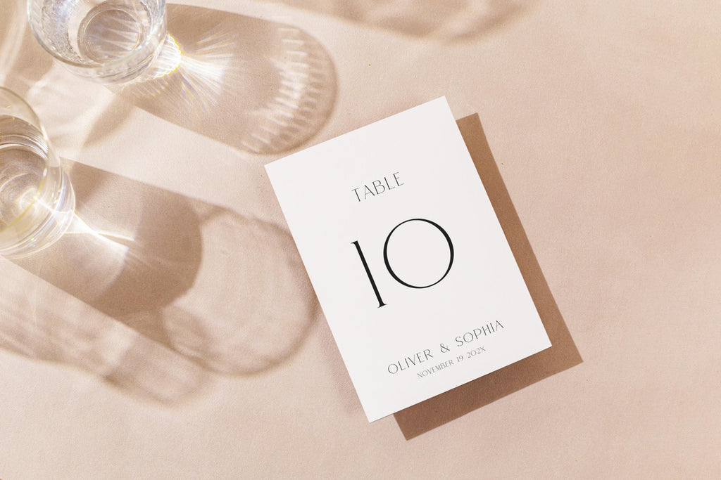 Modern wedding table number card template printable, minimalist wedding reception table signage editable in Canva, elegant wedding table decor