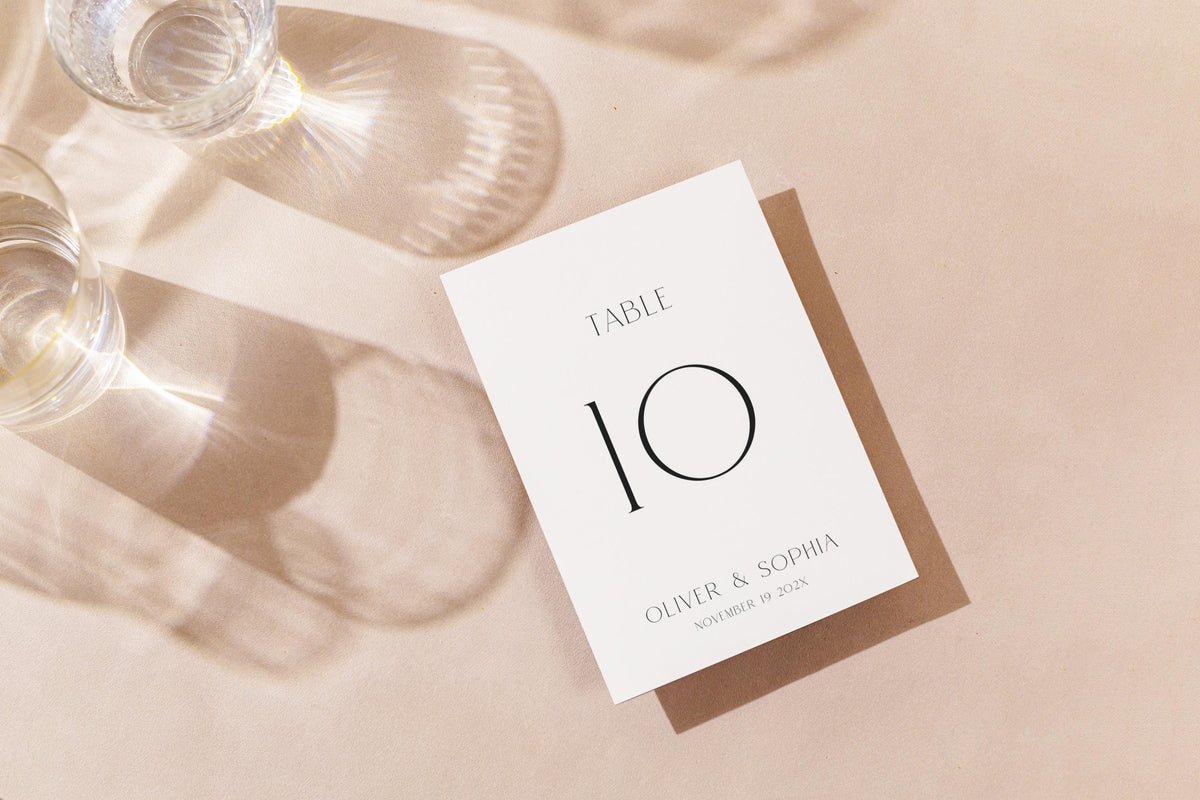 Modern wedding table number card template printable, minimalist wedding reception table signage editable in Canva, elegant wedding table decor
