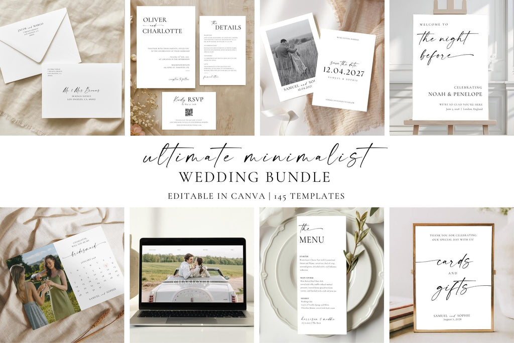 Minimalist wedding bundle Canva templates shown in a neutral flat lay, including invitations, RSVP cards, menus and wedding signage, modern minimalist wedding stationery set for elegant weddings