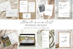 Minimalist wedding bundle Canva templates shown in a neutral flat lay, including invitations, RSVP cards, menus and wedding signage, modern minimalist wedding stationery set for elegant weddings