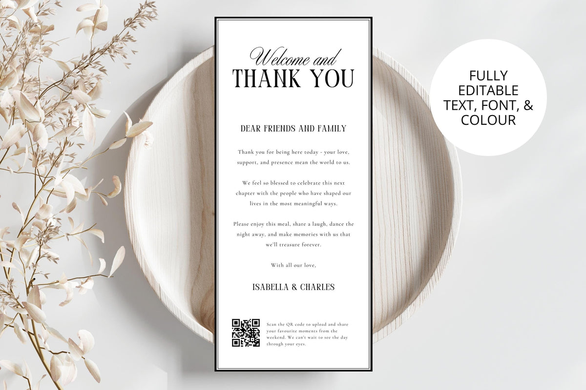 Editable wedding thank you letter template in elegant frame mockup, printable wedding guest welcome letter, minimalist Canva wedding stationery template, fully editable wedding thank you printable sign