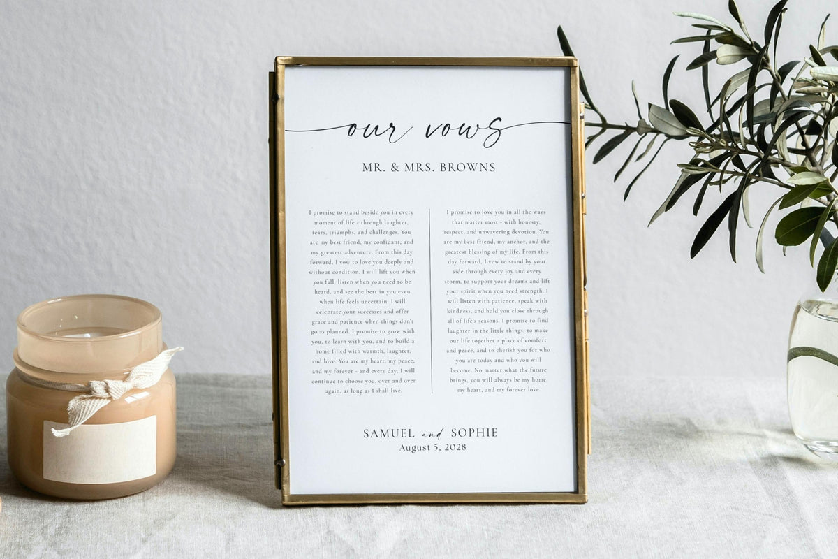 Framed our vows wall art printable on neutral background – modern minimalist wedding vows template, customizable Canva digital download gift for couples.