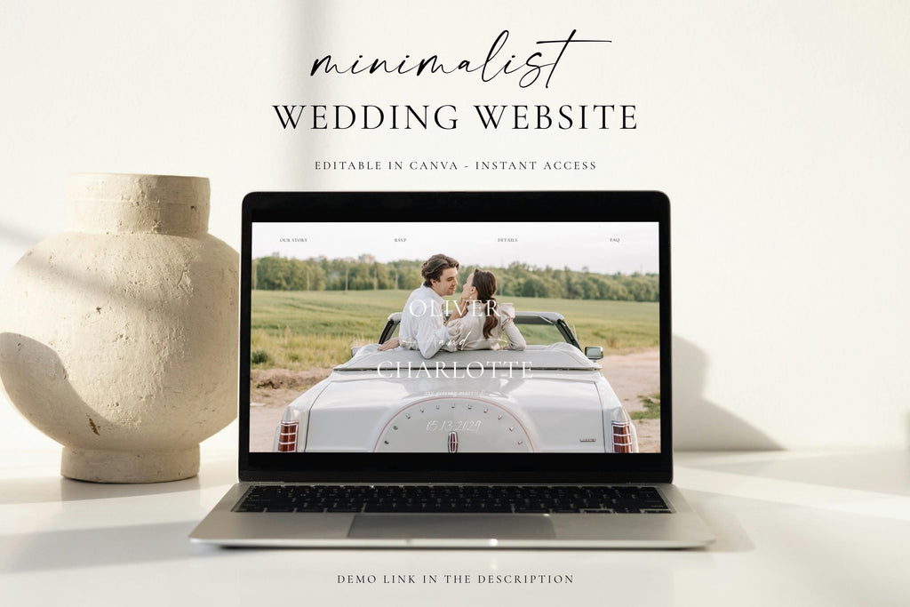 Minimalist wedding website Canva template displayed on a laptop, modern editable wedding website design for couples, clean neutral wedding website template instant download