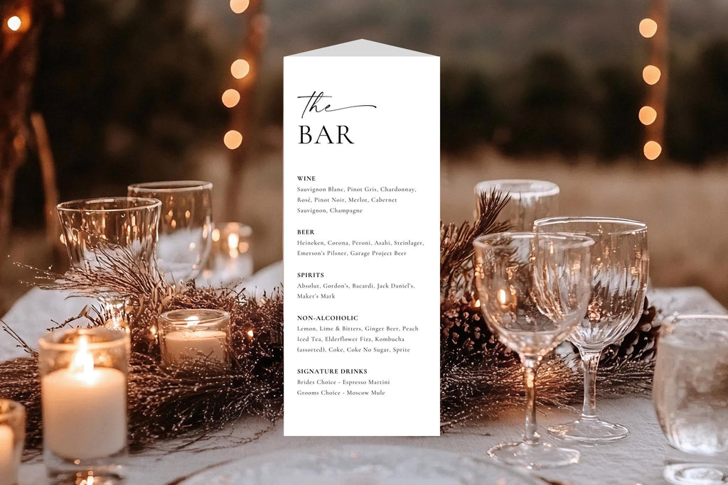 Minimalist wildflower wedding bar menu sign trifold template, editable Canva design with wine list, cocktails, and drinks, printable wedding table decor