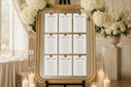 Luxury wedding seating chart cards displayed on gold mirror, editable Canva wedding seating plan template, elegant wedding reception seating chart, printable wedding signage