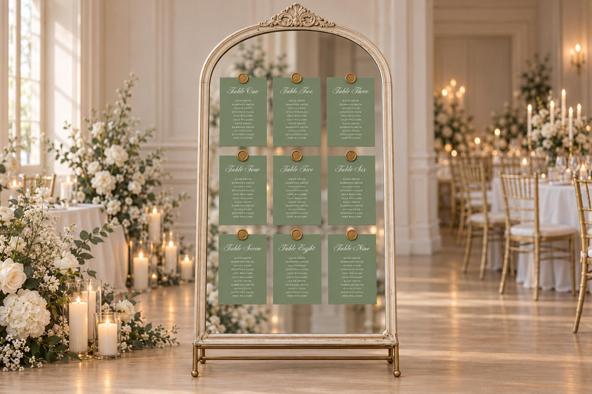Sage green wedding seating chart cards arranged on an ornate gold mirror with wax seals, white flowers and candles, creating an elegant old money wedding reception display.