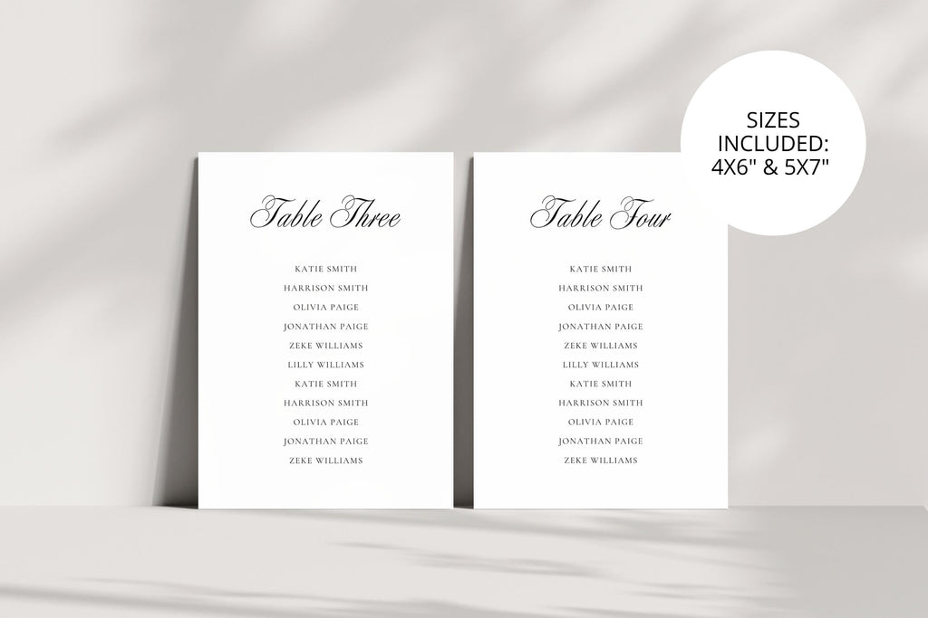 Wedding seating chart cards standing on white marble shelf, editable Canva wedding table seating templates, minimalist printable wedding signage bundle