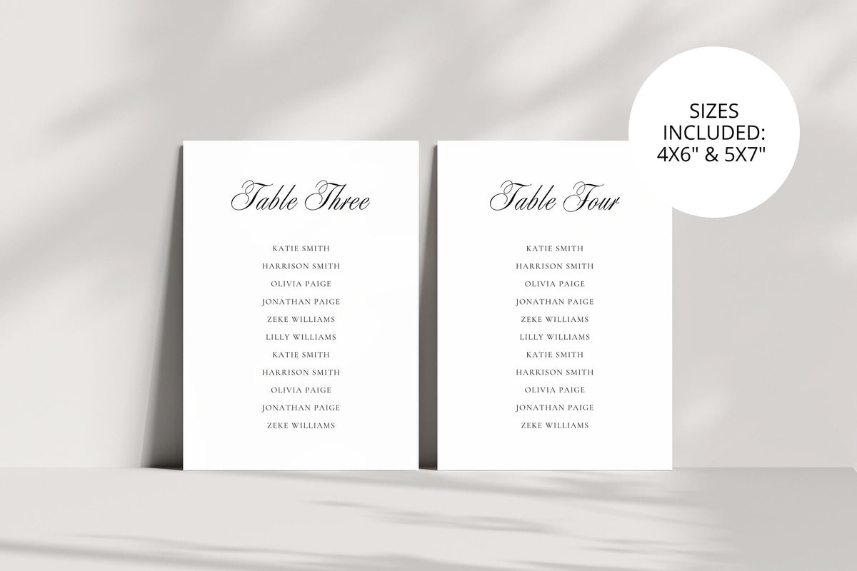 Wedding seating chart cards standing on white marble shelf, editable Canva wedding table seating templates, minimalist printable wedding signage bundle