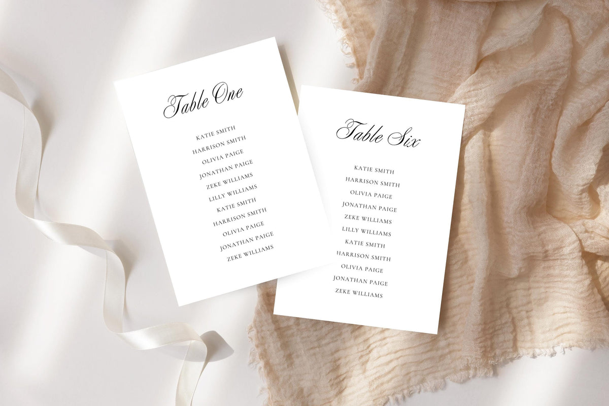 Minimalist wedding seating chart card templates on white fabric, editable Canva wedding table list, modern printable wedding seating arrangement cards