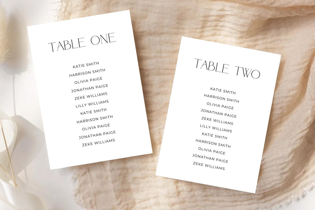 Luxury wedding seating chart cards mockup with modern serif typography, editable wedding table assignment templates, minimalist black and white reception signage printable set