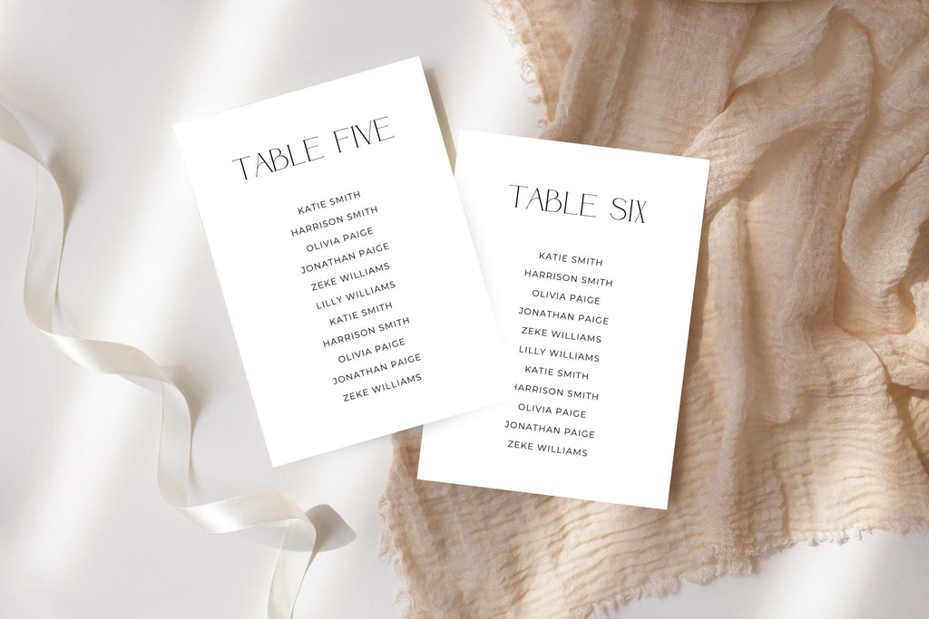 Neutral beige wedding seating chart card mockup with editable table assignment templates, modern minimalist wedding signage printable, luxury black and white wedding reception decor