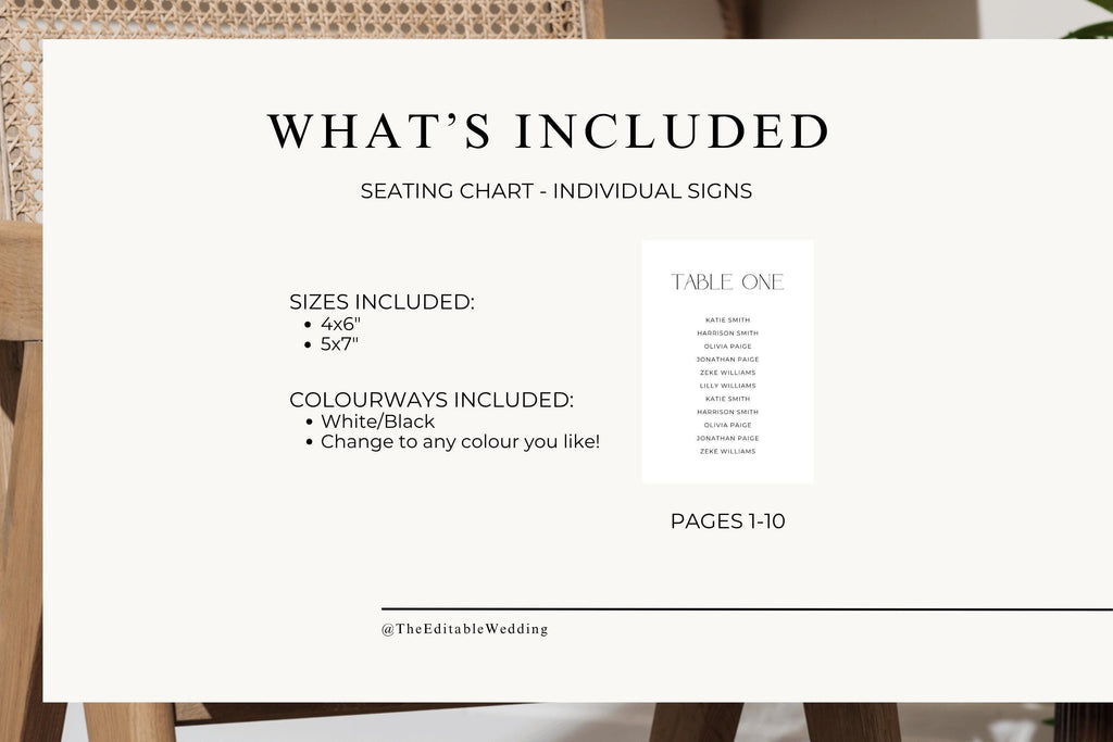 Wedding seating chart bundle listing preview showing included editable table assignment signs, minimalist wedding reception signage package, modern black and white wedding template set