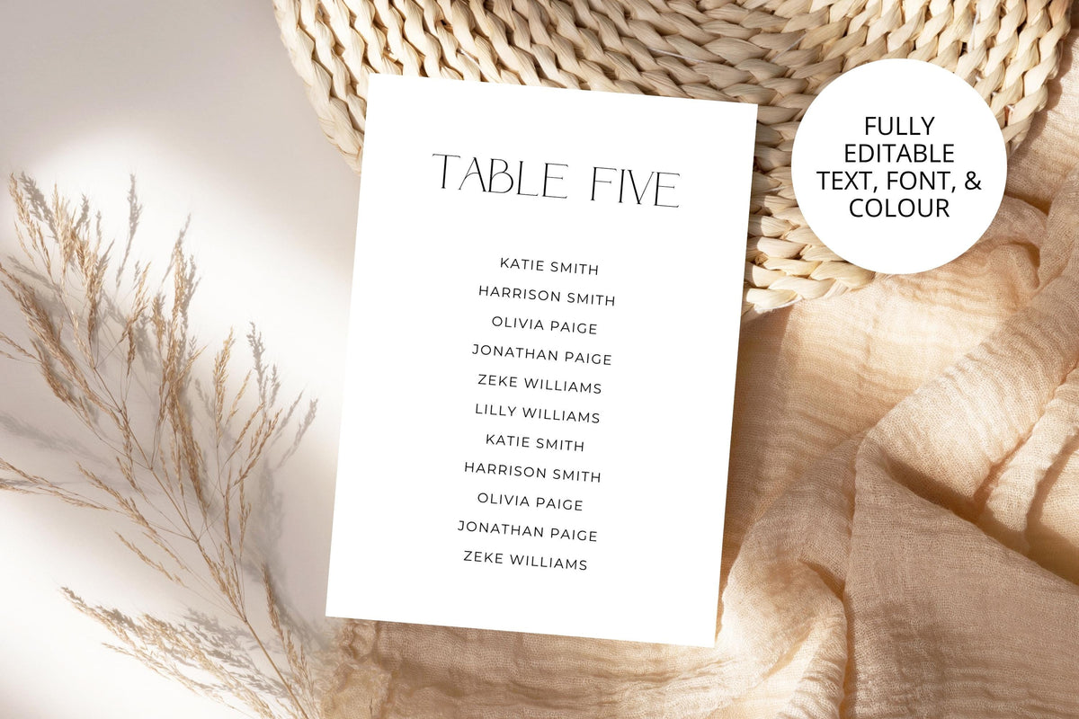 Editable wedding seating chart card flatlay with pampas grass and woven textures, minimalist wedding reception signage template, elegant modern table assignment printable