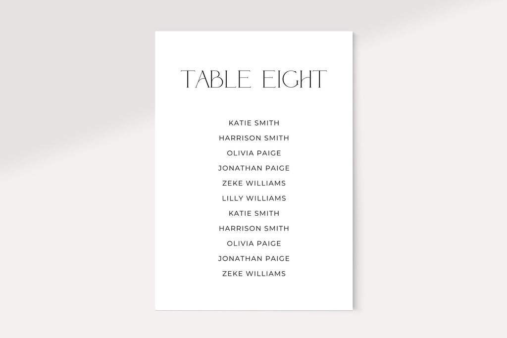 Single editable wedding seating chart card template mockup with modern black serif font, minimalist wedding table assignment sign printable, luxury reception seating display