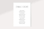 Single editable wedding seating chart card template mockup with modern black serif font, minimalist wedding table assignment sign printable, luxury reception seating display