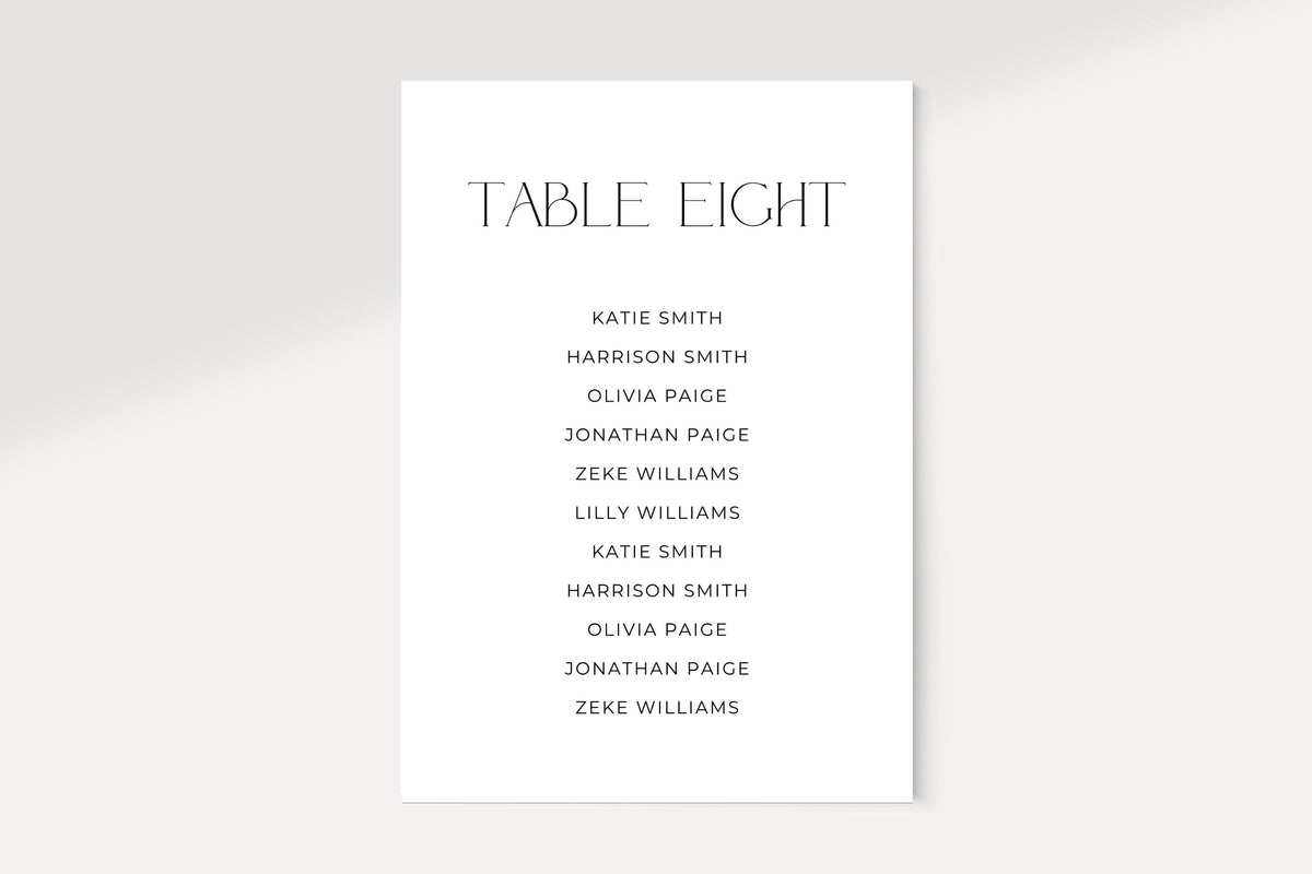 Single editable wedding seating chart card template mockup with modern black serif font, minimalist wedding table assignment sign printable, luxury reception seating display