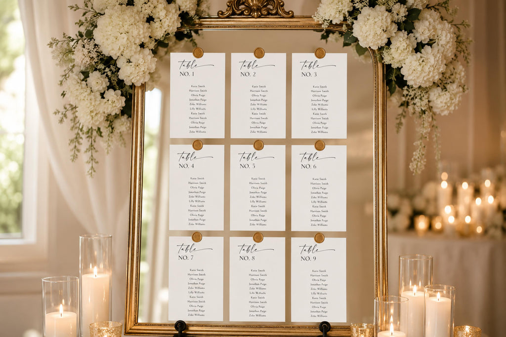 Minimalist wedding seating chart mirror display with editable table cards, luxury wedding signage template, modern black script seating plan, elegant reception decor inspiration