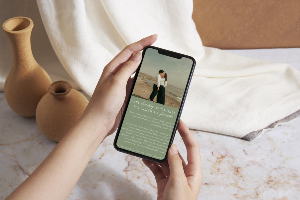 Mobile preview of an elegant sage green wedding website template held in hands, featuring a couple photograph and personalised wedding information.