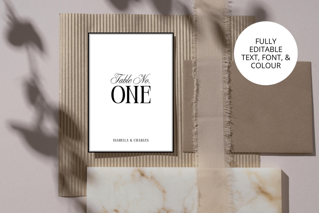 Minimalist wedding table number mockup with stationery styling, fully editable text and font template for modern black and white reception table décor, printable Canva wedding sign.