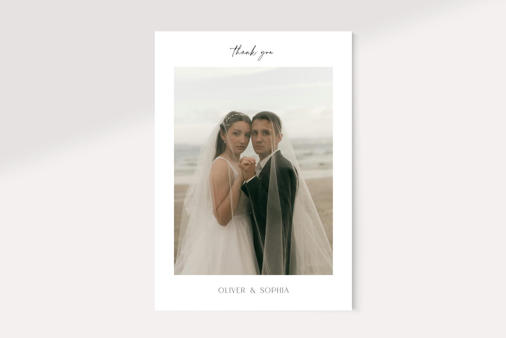 Minimalist wedding thank you card with photo, modern elegant Canva template, neutral beige aesthetic, printable wedding stationery instant download