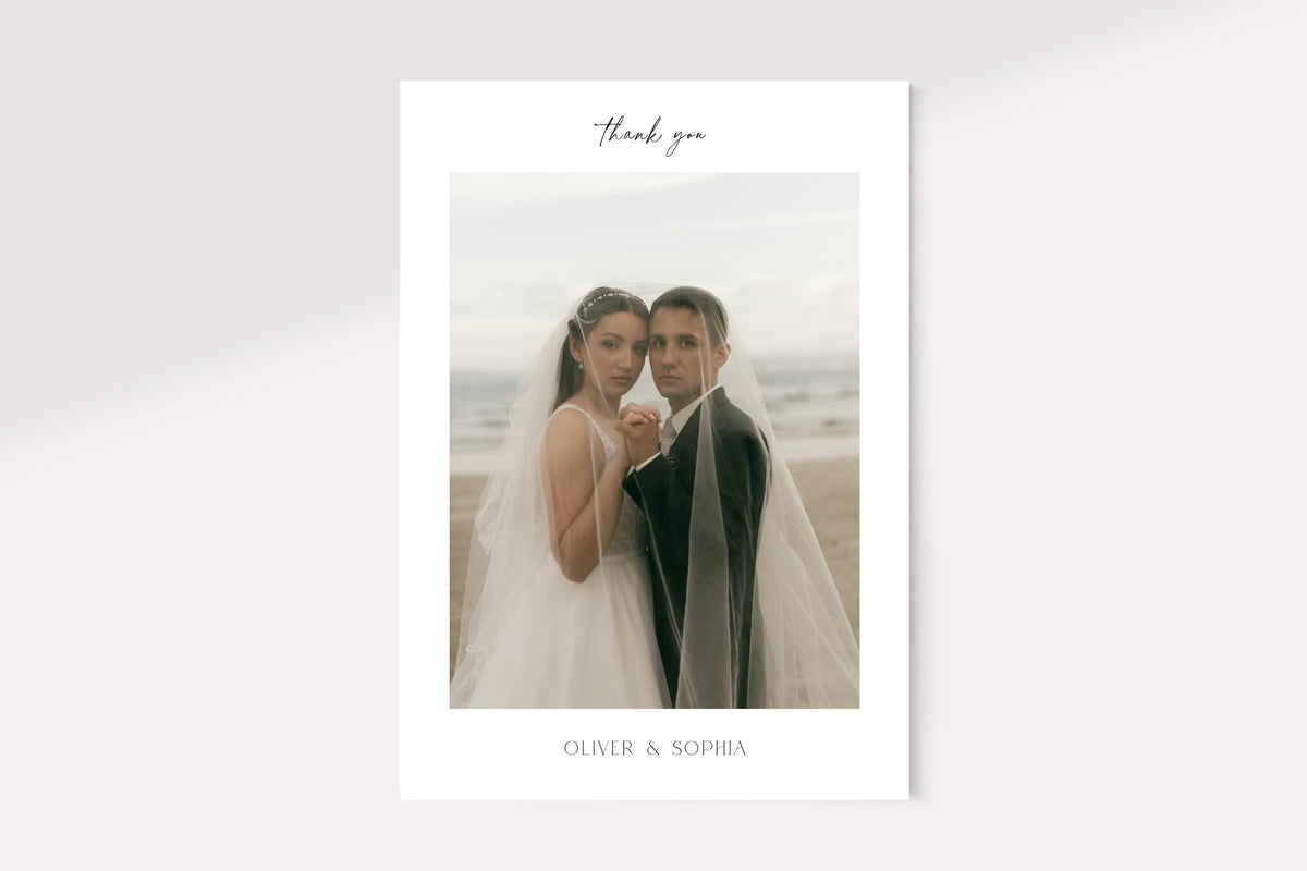 Minimalist wedding thank you card with photo, modern elegant Canva template, neutral beige aesthetic, printable wedding stationery instant download