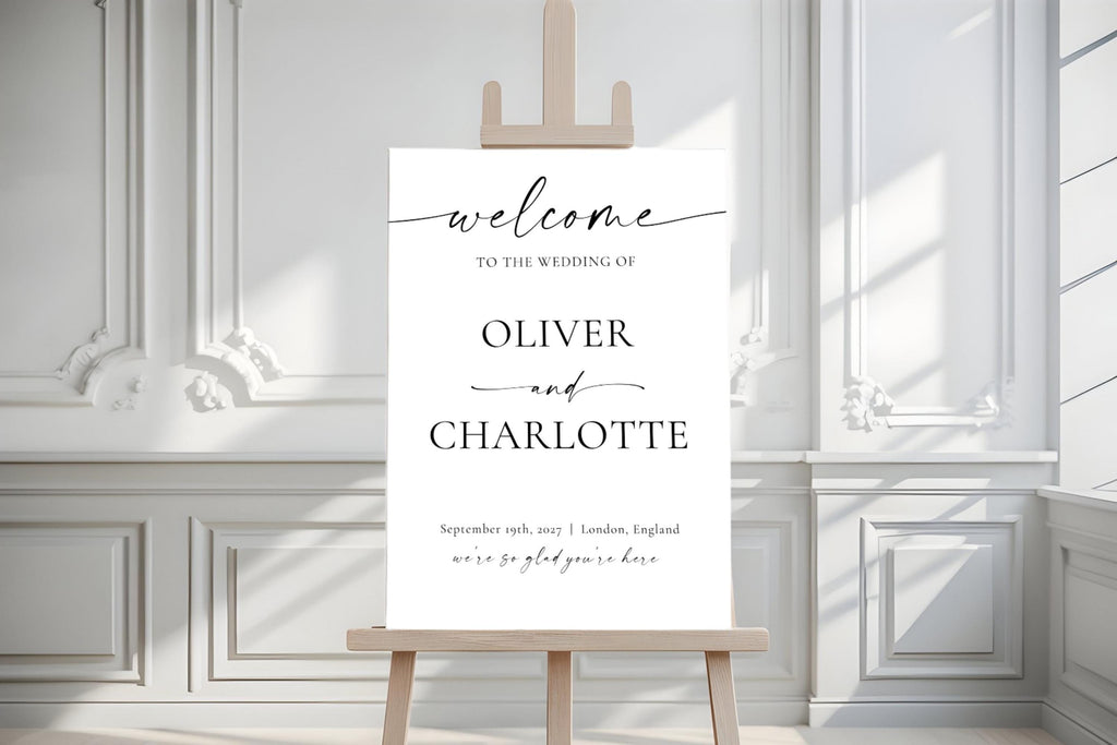 Minimalist wedding welcome sign on white easel in elegant venue space editable printable wedding poster template modern reception sign