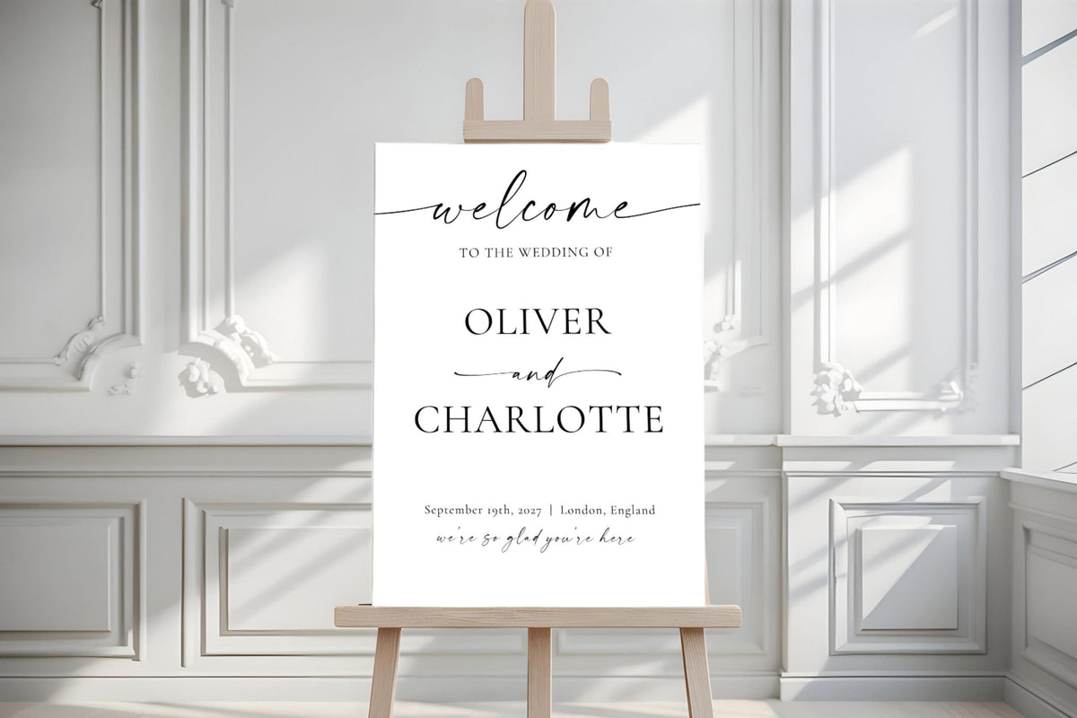 Minimalist wedding welcome sign on white easel in elegant venue space editable printable wedding poster template modern reception sign