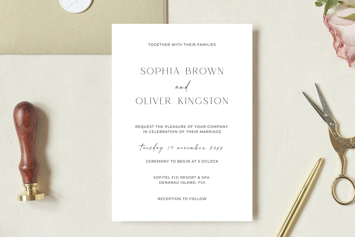 Single minimalist wedding invitation template mockup with wax seal styling, editable Canva wedding invitation, elegant neutral wedding stationery, modern printable wedding invite template