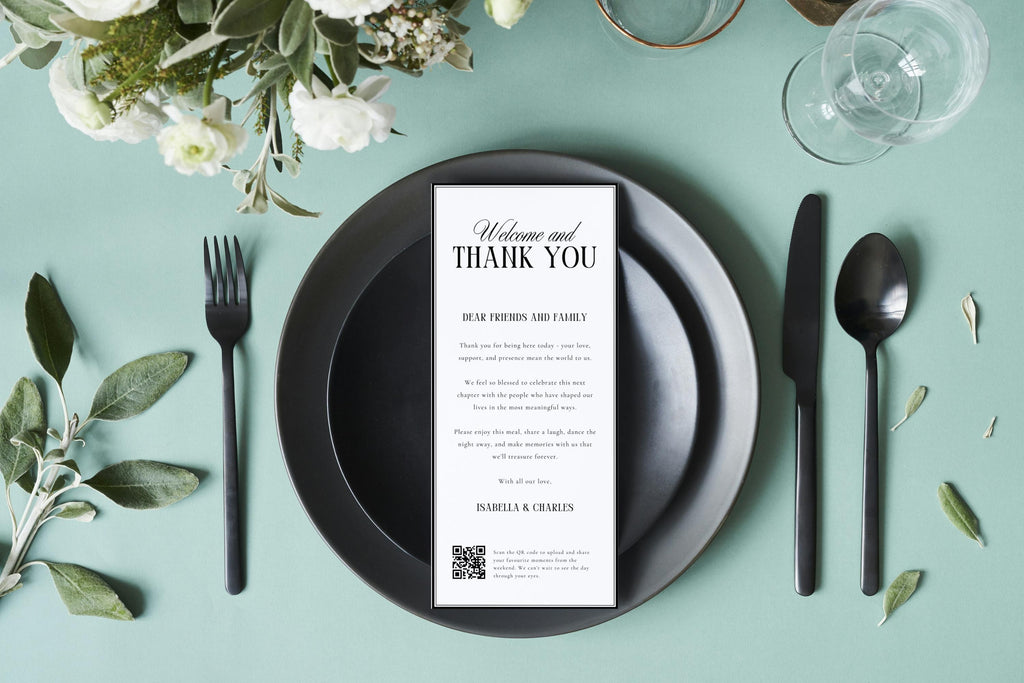 Modern editable wedding thank you letter template on black wedding place setting, printable wedding guest thank you card, minimalist Canva wedding stationery, contemporary wedding reception table decor printable