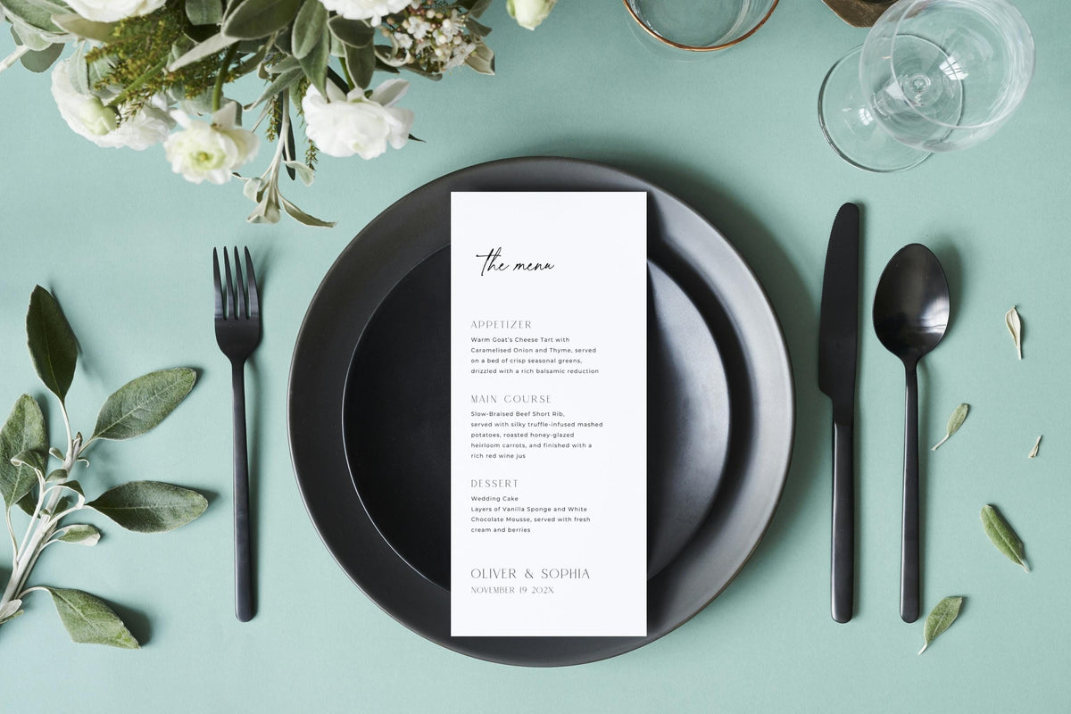modern wedding menu template black plate teal background, contemporary minimalist menu card editable canva, sleek wedding reception table styling with bold contrast