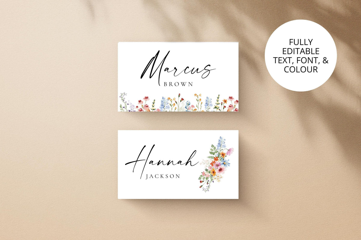 Editable floral name card set, wildflower place card templates for wedding reception tables, printable escort cards, boho rustic seating cards