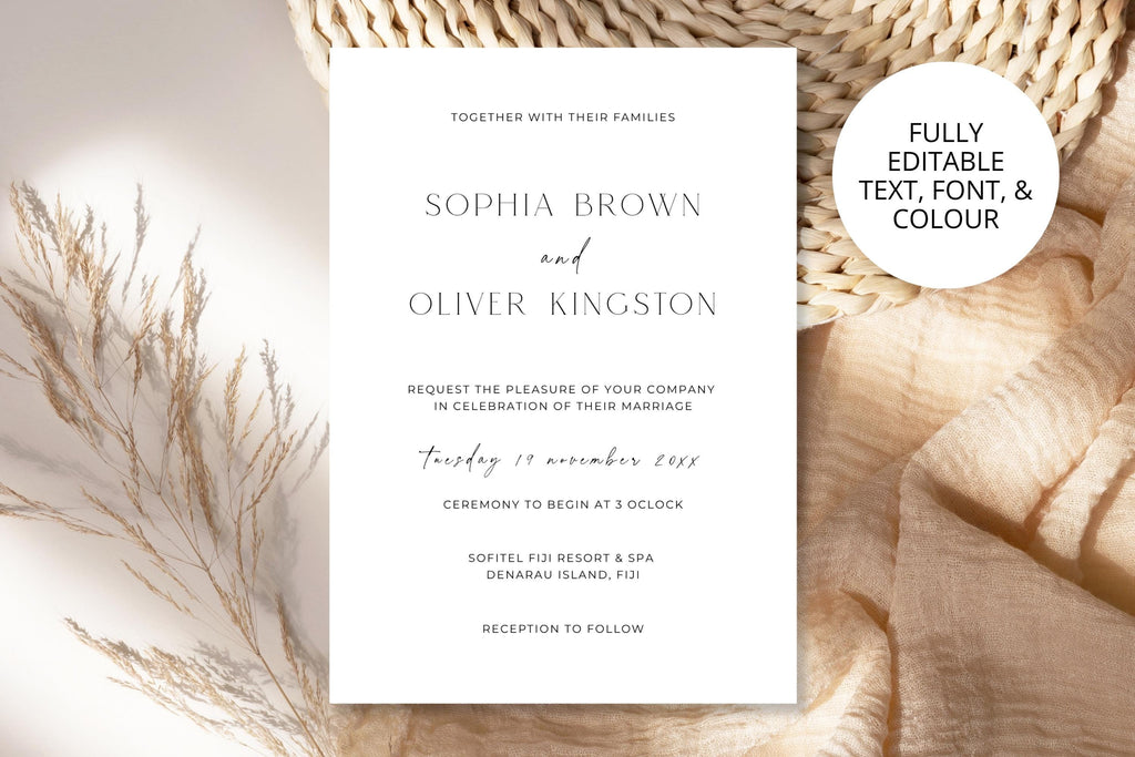 Editable minimalist wedding invitation template with pampas grass styling, modern neutral wedding invite suite, printable Canva wedding invitation set, elegant simple wedding stationery bundle
