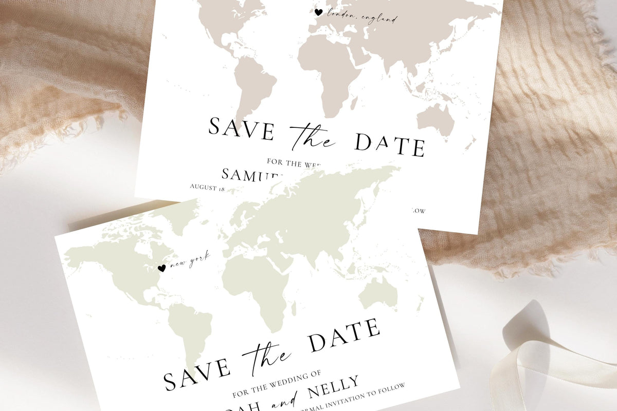 Flat lay of modern map save the date cards with neutral color tones and elegant typography, Canva editable printable wedding stationery set.