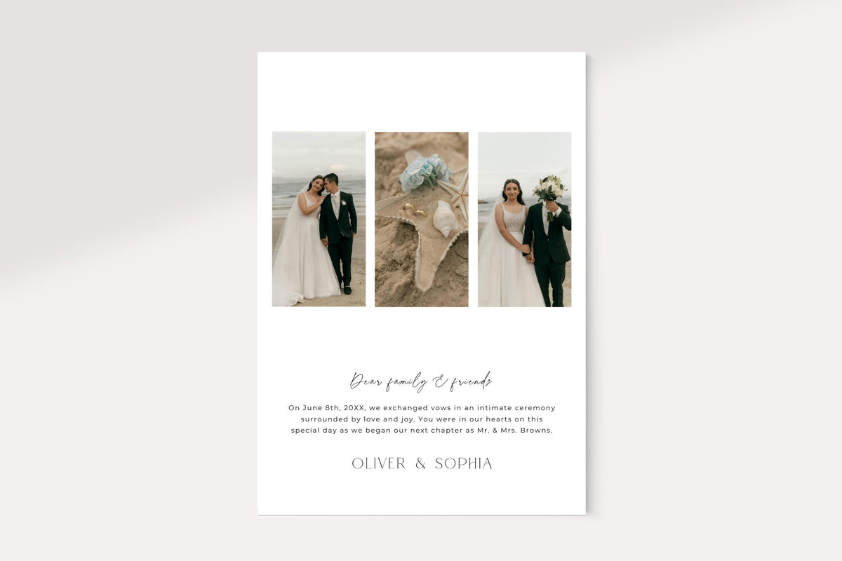 Editable wedding announcement card back design with photo collage and personal message, printable we eloped announcement template, minimalist wedding stationery, Canva wedding announcement, newlywed announcement card, luxury wedding photo announcement, instant download editable template.