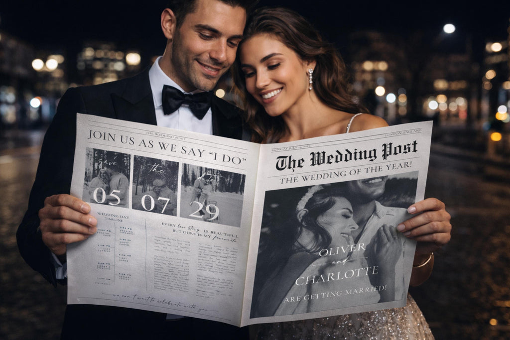 Couple holding personalized wedding newspaper program, custom photo wedding newspaper template, printable wedding welcome newspaper sign, editable Canva wedding newspaper favor