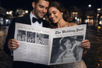 Couple holding personalized wedding newspaper program, custom photo wedding newspaper template, printable wedding welcome newspaper sign, editable Canva wedding newspaper favor